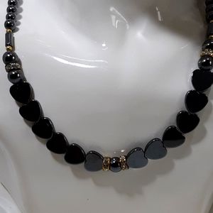 Vintage Necklace Hematite Hearts and Crystal Beads Romantic Whimsigoth Gift 18"